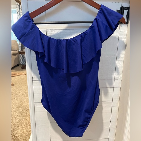 Trina Turk Monaco Solid Blue Off Shoulder Ruffle One Piece Swimsuit size 6 - Picture 2 of 4
